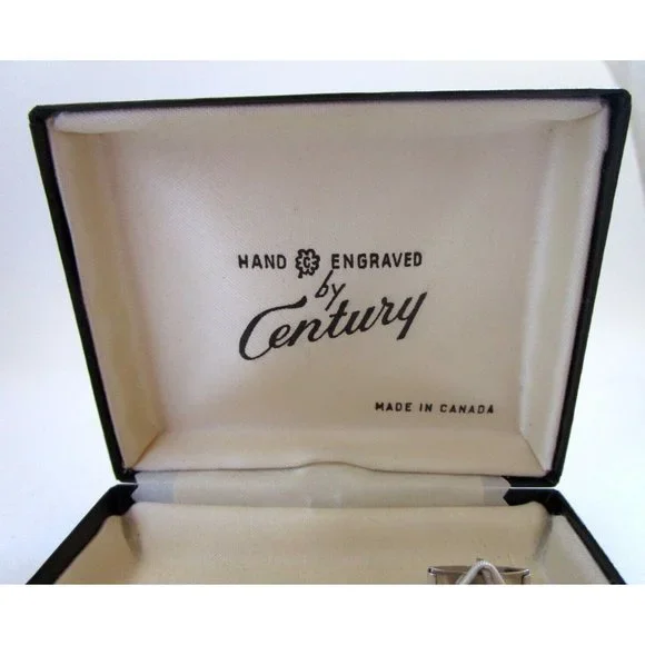 VTG Cufflinks and Tie Tack Boxed Hand Engraved "Century"  Silver Tone Set Canada - Picture 4 of 11